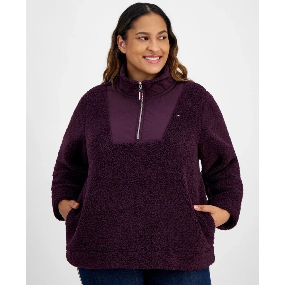 Tommy Hilfiger Women's Plus Size Sherpa Quarter-Zip Pullover Sweatshirt Plum 2X